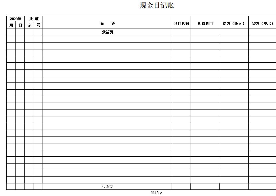 Excel 日记账表格设置承前页过次页教程