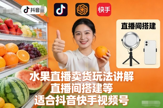 水果直播卖货玩法讲解、直播间搭建等，适合抖音快手视频号-互知网