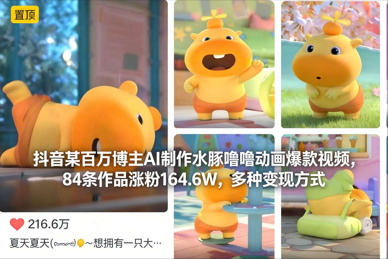 抖音某百万博主AI制作水豚噜噜动画爆款视频，84条作品涨粉164.6W，多种变现方式-互知网